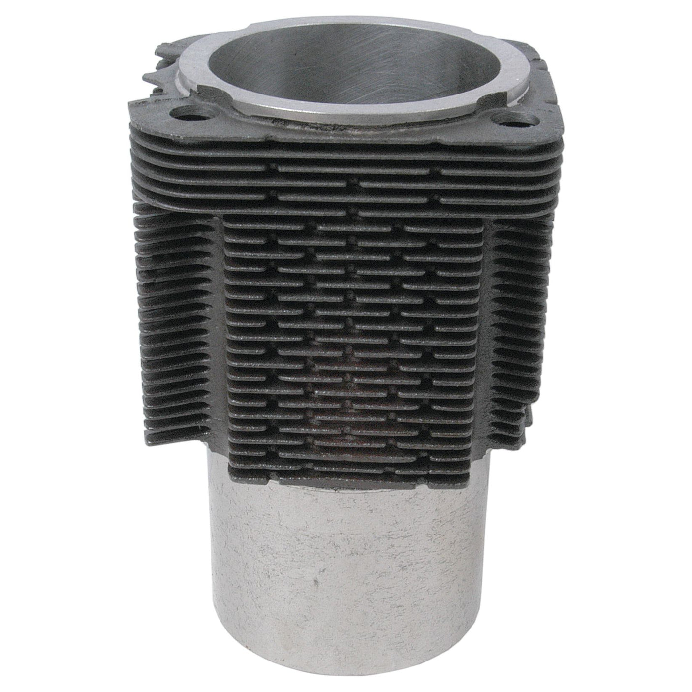 Introducing the Sparex Piston Liner (Finished) | Sparex Part No. S.69940: a high-performance metal engine cylinder with cooling fins, featuring a round top opening and a cylindrical lower section, specifically designed for optimal compatibility with Fendt and Deutz-Fahr machinery.