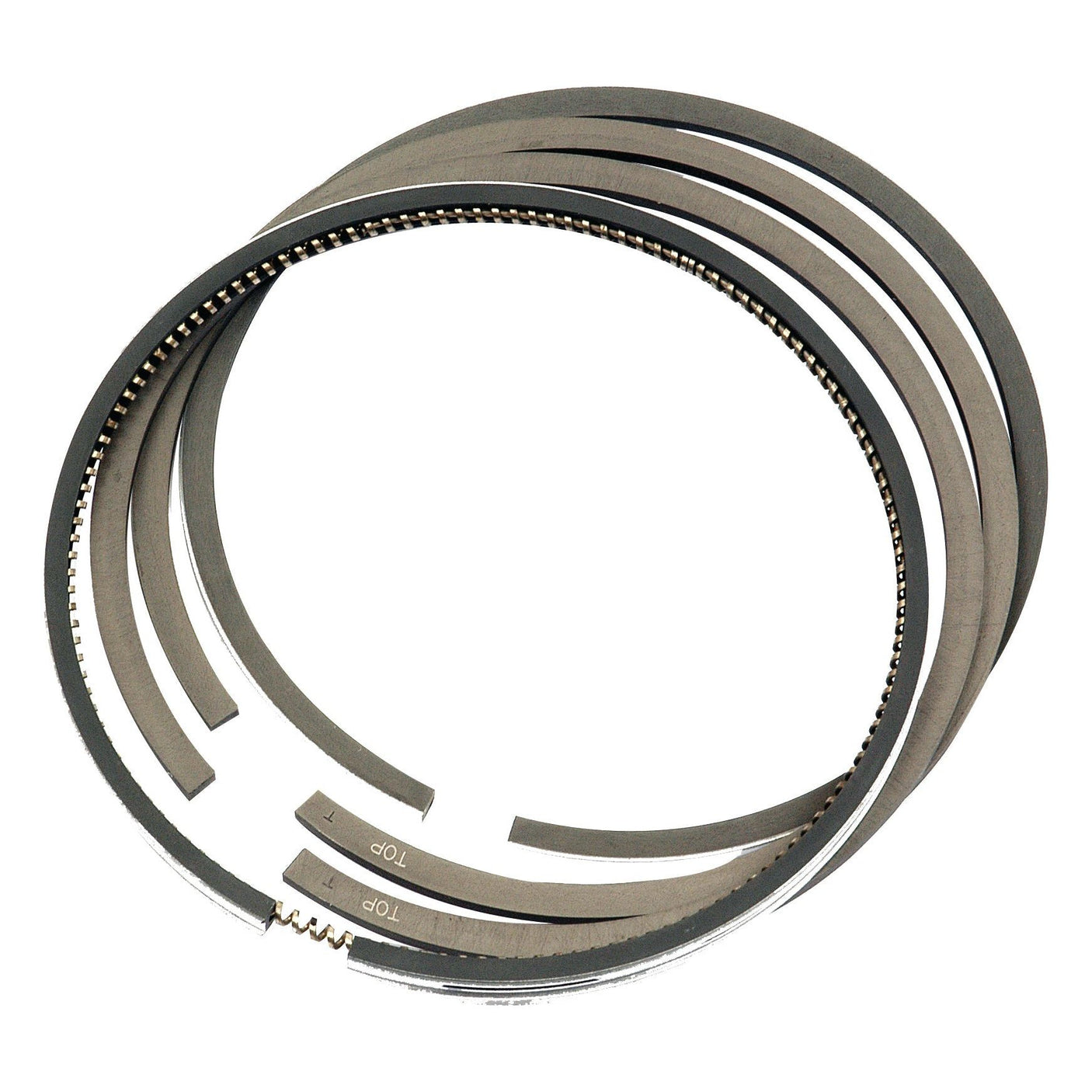 A chrome-plated Sparex Piston Ring Std. set (Sparex Part No.S.69944), consisting of four metal rings arranged in a partial overlapping pattern, isolated on a white background.