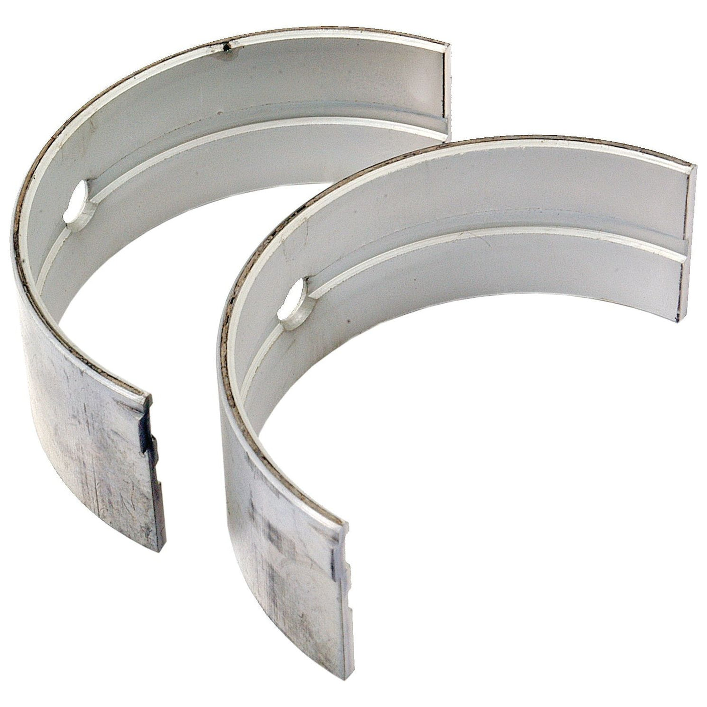 Introducing the Main Bearing Std. (Pair) by Sparex, featuring two silver-colored metal bearing shells with notches on one side and a hole near the top, ideal for Deutz-Fahr or Fendt machinery (Sparex Part No. S.69950).