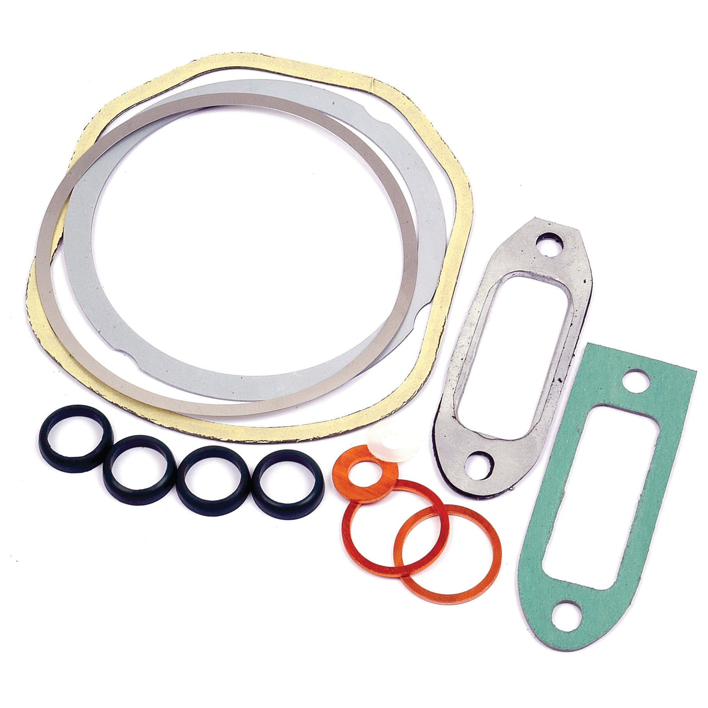 Assorted mechanical gaskets and seals, including rubber O-rings, fiber gaskets, and metal washers, displayed against a white background. Featuring the Top Gasket Set - 1 Cyl. (Sparex Part No.S.69970) suitable for Deutz-Fahr machinery applications within the top gasket set category from Sparex.