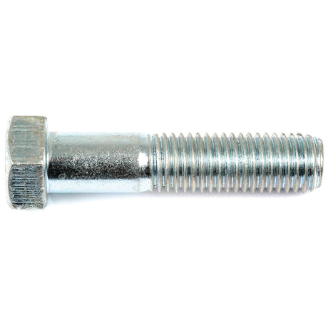 A close-up view of a Zinc Plated, metallic Sparex Metric Bolt M18x80mm (DIN 931) | Sparex Part No. S.6997, featuring threading on one end and a hexagonal head on the other, isolated on a white background.