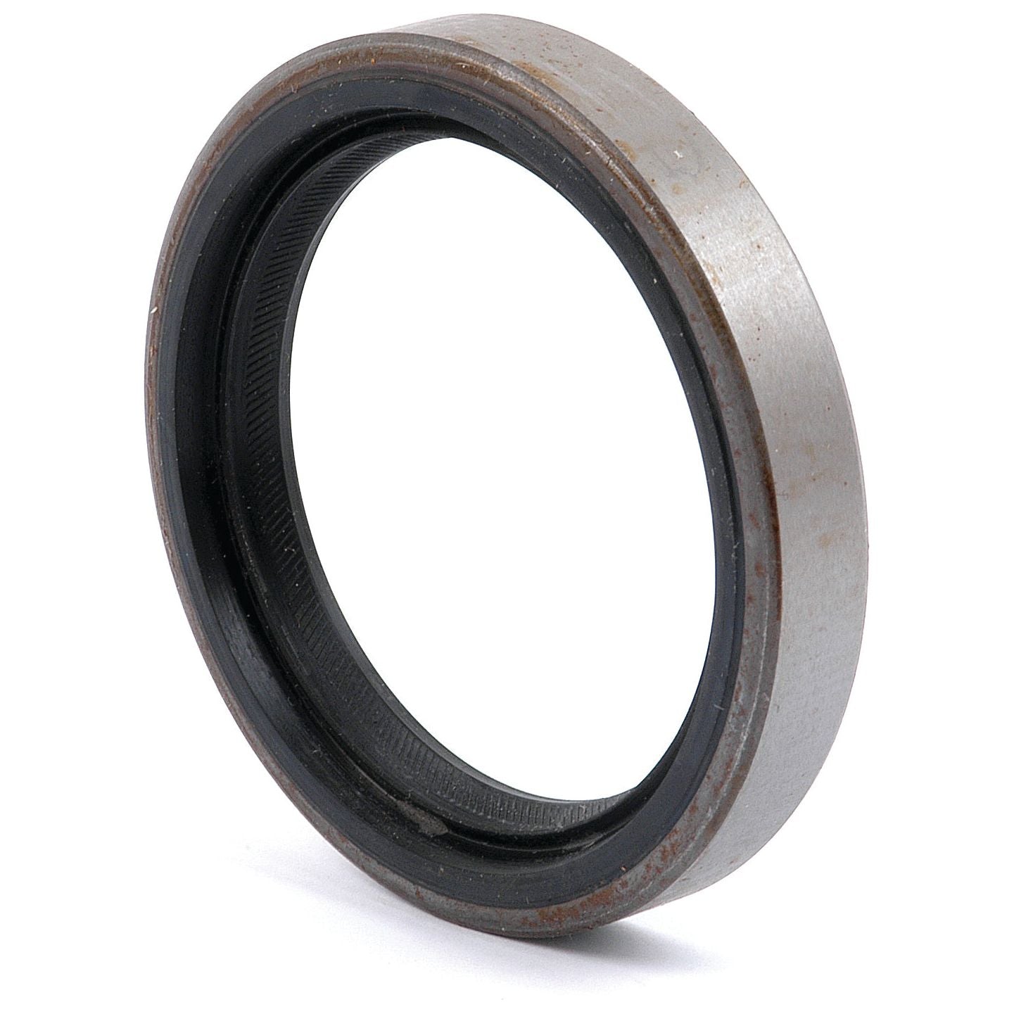 A Sparex Oil Seal (Part No. S.69981), measuring 35 x 58 x 17mm, featuring a gray outer edge and black inner ring, stands upright on a white surface. This component is ideal for use in Fendt or Deutz-Fahr machinery as a Seal Timing Cover.