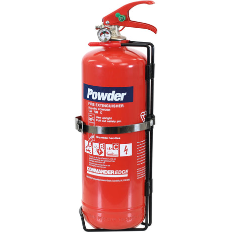 A 1kg red Sparex Fire Extinguisher - ABE Dry Powder (S.6999) featuring a pressure gauge, safety pin, and detailed usage instructions, mounted on a metal bracket.