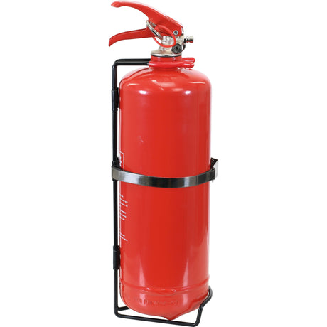 A 1kg Sparex ABE Dry Powder Fire Extinguisher with a pressure gauge is mounted on a black metal holder.