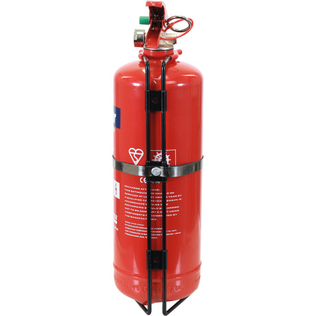 A Sparex Fire Extinguisher - ABE Dry Powder, Capacity: 1kg - S.6999, with a wall mount bracket, featuring instructions, safety symbols, and a pressure gauge, is shown.