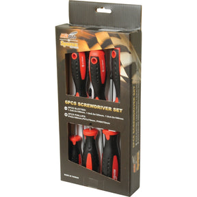 This Sparex Screwdriver Set - S.29499, consisting of six pieces with slotted and Phillips types, features sleek black and red handles. Made in Taiwan, it includes detailed product specifications on the packaging for your convenience.