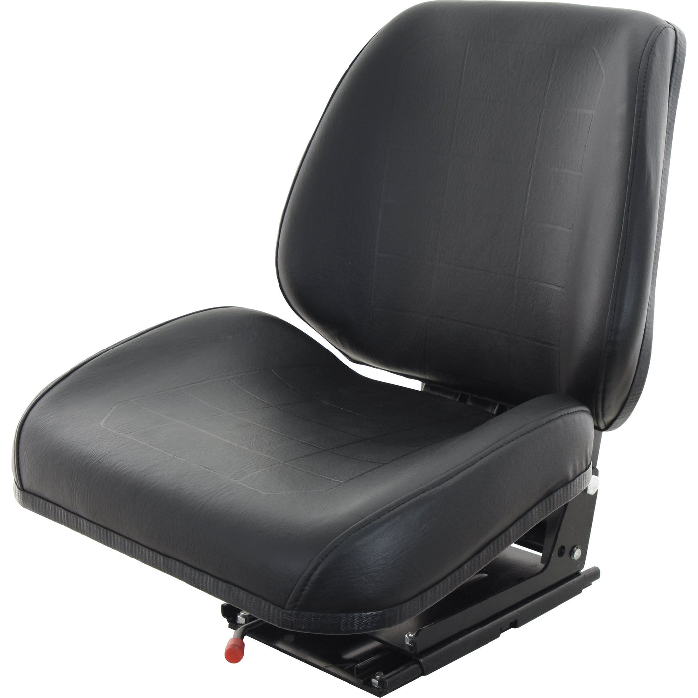 The Sparex Mechanical Suspension Seat - S.7000 features a black leather finish, an adjustable backrest height, and cushioned backrest and base, all mounted on a sturdy metal frame.