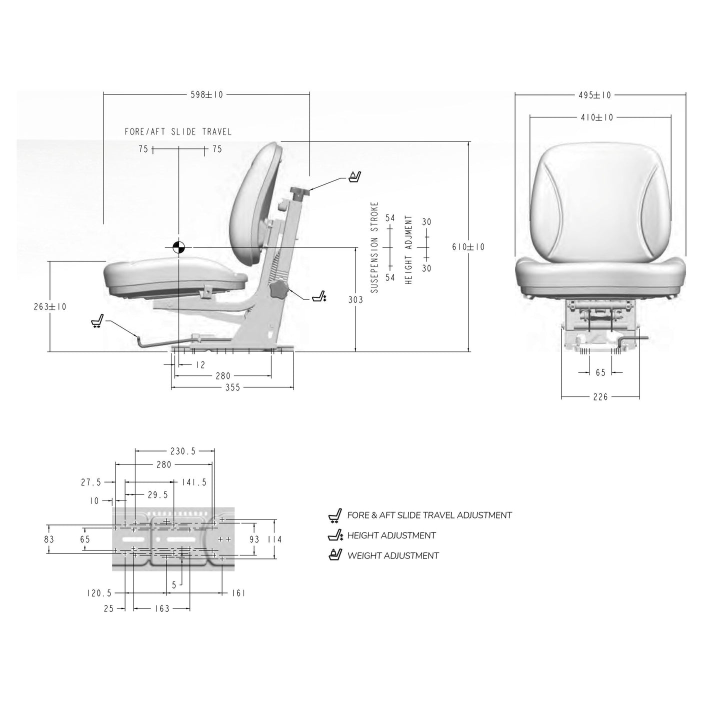 Technical diagram of the Mechanical Suspension Seat - S.7000 by Sparex showing various dimensions and adjustment features including fore/aft slide travel, adjustable back rest height, ergonomic contoured comfort cushions, and weight adjustment to 120kg.