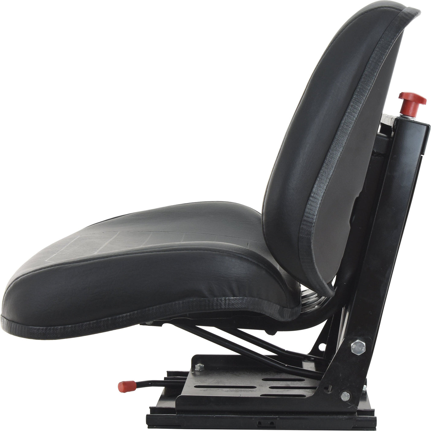 The Sparex Mechanical Suspension Seat - S.7000 features a black adjustable car seat with a visible lever mechanism and red adjustment knobs. Its ergonomic contoured comfort cushions and adjustable backrest height provide superior support. The seat is depicted in profile view.