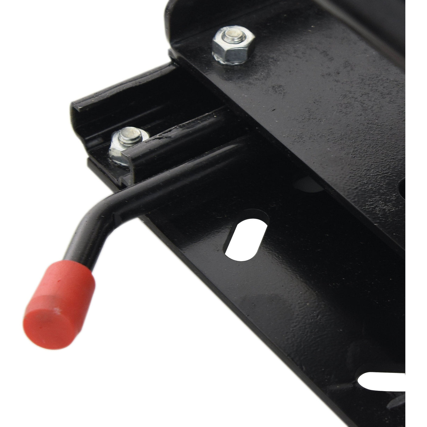 Close-up of the Sparex Mechanical Suspension Seat - S.7000, featuring a black metal bracket with a red-tipped handle, visible bolts, and an adjustable back rest height for ergonomic comfort.