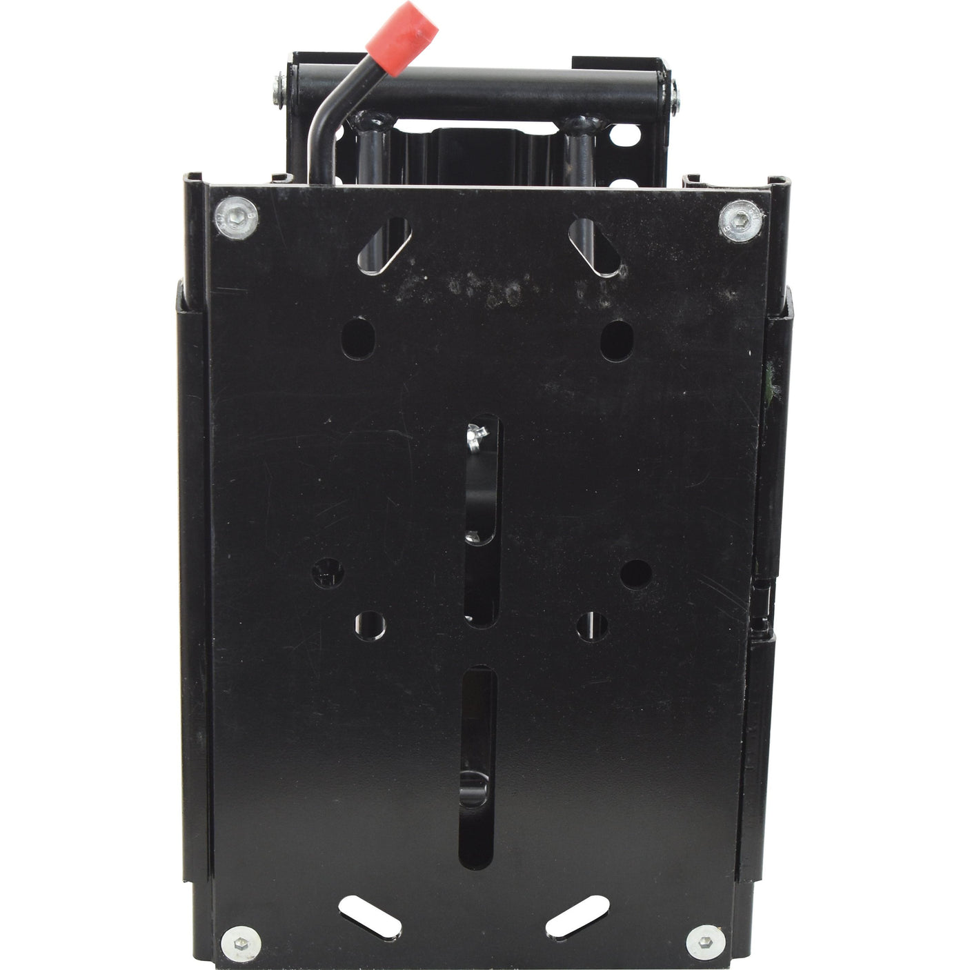 The Sparex Mechanical Suspension Seat - S.7000 is a black metal mounting bracket with a handle, designed for securing and adjusting objects. It features multiple slots and holes to provide flexibility in installation and supports weight adjustment up to 120 kg, ensuring robust performance for various applications.