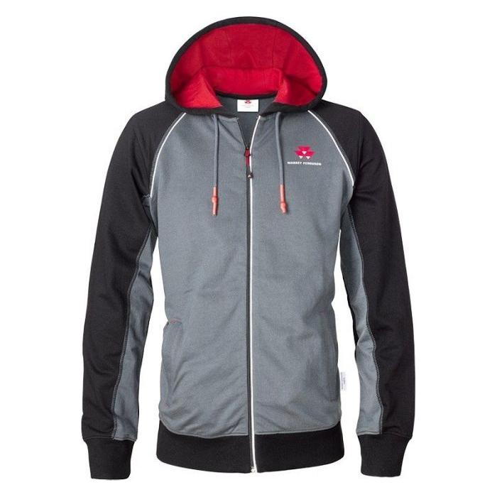 A Massey Ferguson - Hoodie - X993311902 by AGCO in black and gray, featuring red interior lining and drawstrings, a small logo on the left chest area, and reflective detailing for added visibility.