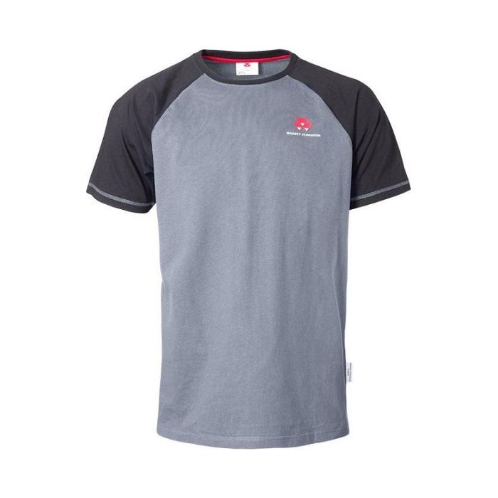 The Massey Ferguson - Raglan T-Shirt (X993311903) by AGCO is a comfortable unisex short-sleeve option with a grey body and black sleeves. It features a small red and white logo on the left chest and is made from 100% cotton, making it perfect for everyday wear or as a durable farming shirt.