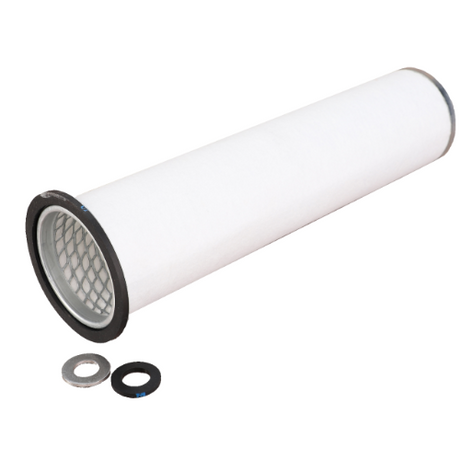 The AGCO Massey Ferguson - Filter Air Inner - 70257029, a cylindrical air filter with a metal mesh on one end and accompanied by two washers, is ideal for tractors in the Massey Ferguson 600 Series.