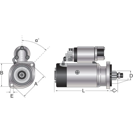 Technical diagram of a mechanical component, displaying front and side views with labeled measurements, including angles and distances. The object consists of cylindrical shapes and appears to be the Starter Motor - 12V, 1.4Kw, Gear Reducted (Sparex), identified by Sparex Part No. S.70501.