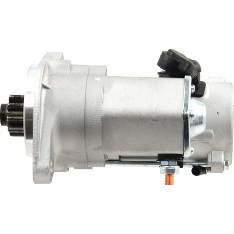 A close-up image of a silver Sparex Gear Reducted Starter Motor - 12V, 1.4Kw (Sparex Part No.S.70501) with visible connectors and components, suitable for Kubota vehicles.