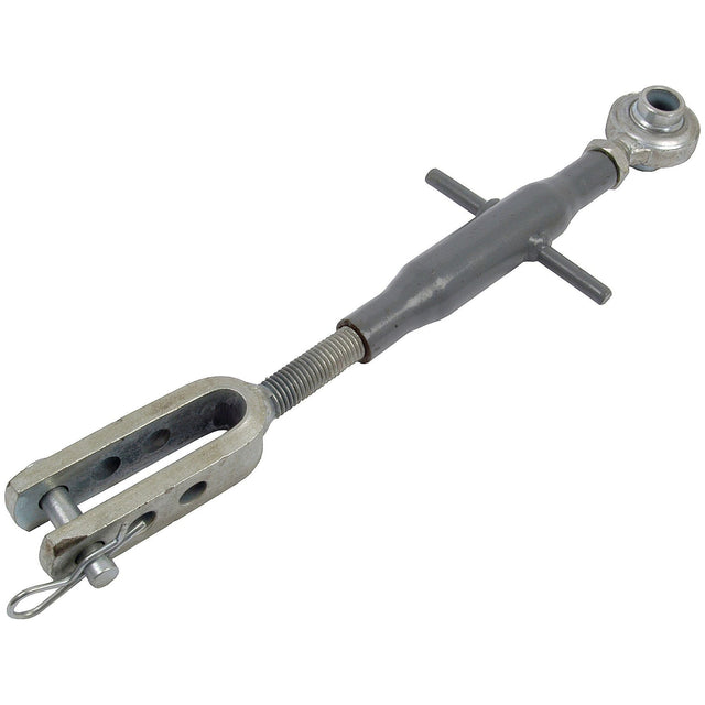 A Levelling Box Assembly by Sparex, identified as Sparex Part No. S.70515, features a threaded rod and versatile end fittings with a ball diameter of 19mm and fork hole diameter of 14mm for optimal wire securing and maximum length adjustment, with a minimum length of 337mm.