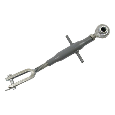 Image of the Sparex Levelling Box Assembly, featuring a gray metal turnbuckle with a threaded eye bolt on one end and a clevis fork on the other end. The product, known as Sparex Part No.S.70515, boasts a ball diameter of 19mm, fork hole diameter of 14mm, and a minimum length of 337mm for added versatility.