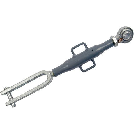 The Sparex Levelling Box Assembly (Sparex Part No. S.70549), featuring a 16mm ball end and a 14mm fork hole, is adjustable with a minimum length of 331mm and an M20x2.5 metric thread, compatible with Kubota machinery and available in grey and silver.