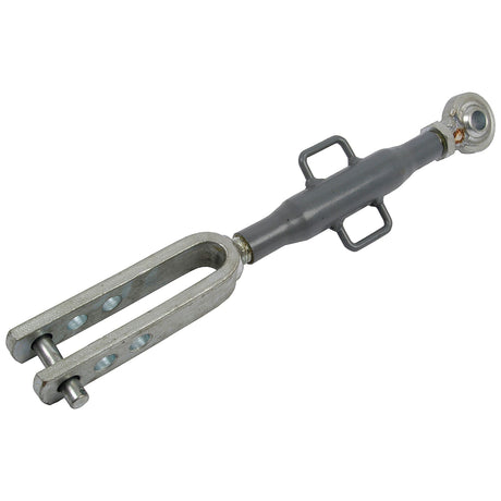 Sparex Levelling Box Assembly - Ball Ø 16mm, Fork Hole Ø 14mm, Min. Length: 331mm, M20x2.5 Metric (Part No. S.70549) includes a clevis end with two adjustment bolts and a closed-loop eye on the opposite end, making it compatible with Kubota machinery.