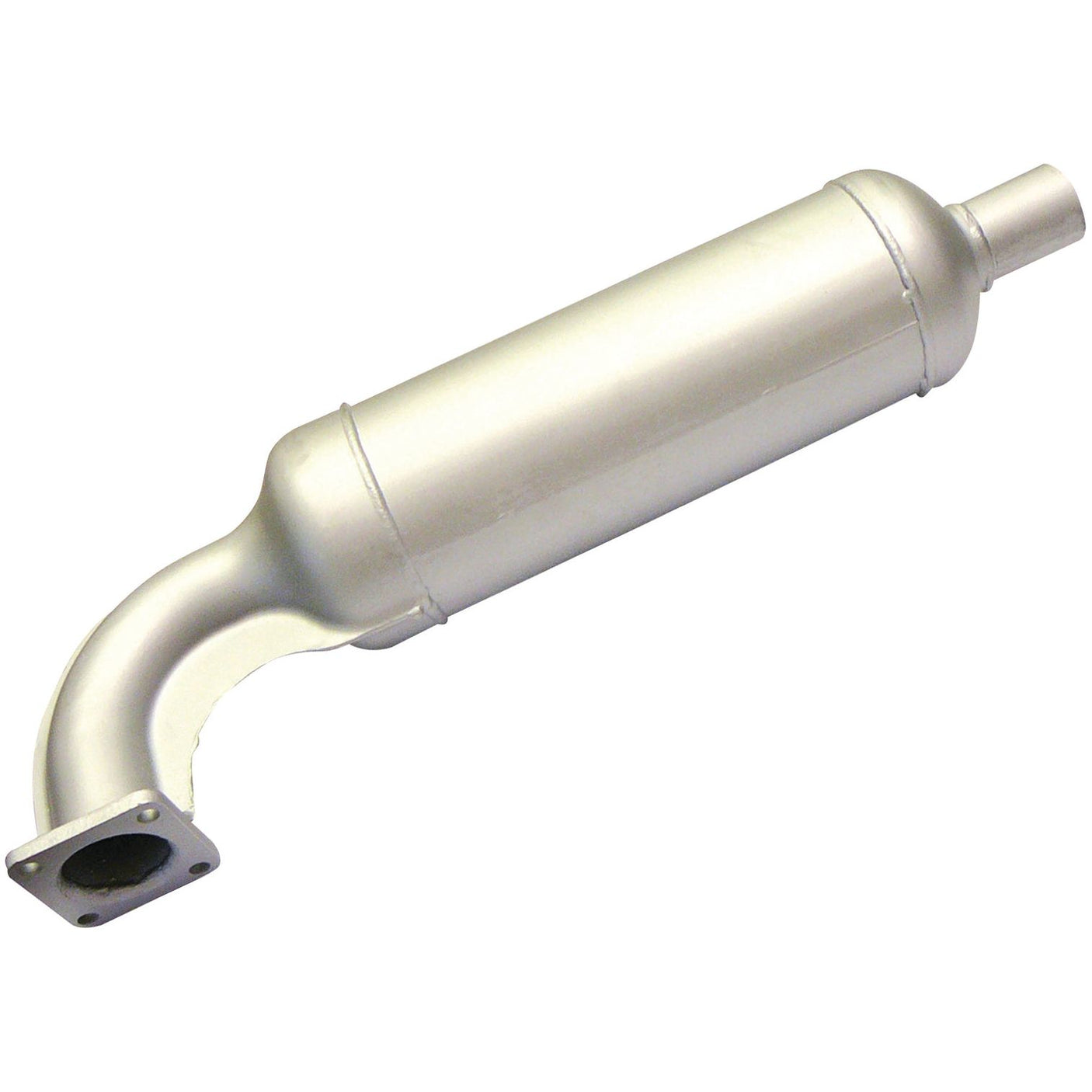 The Sparex Silencer - Vertical - S.70557 is a silver, cylindrical exhaust muffler with a grey matte finish, featuring a curved inlet pipe on one end and a straight outlet pipe on the other, designed for a 50mm fitting.