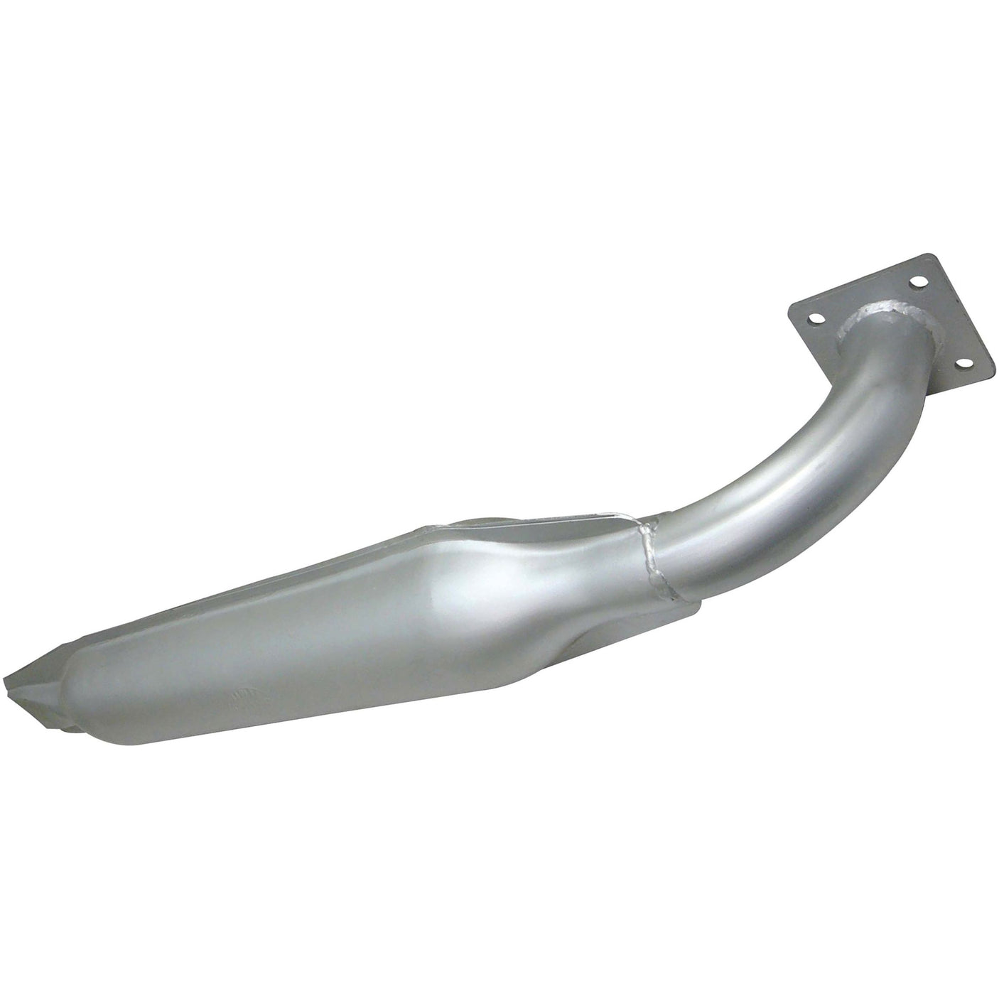 The Silencer - Vertical - S.70560 by Sparex is a curved metallic exhaust pipe with a 4 bolt flange on one end and coated in silver heat-resistant paint. It features a wide midsection and tapers at the other end.