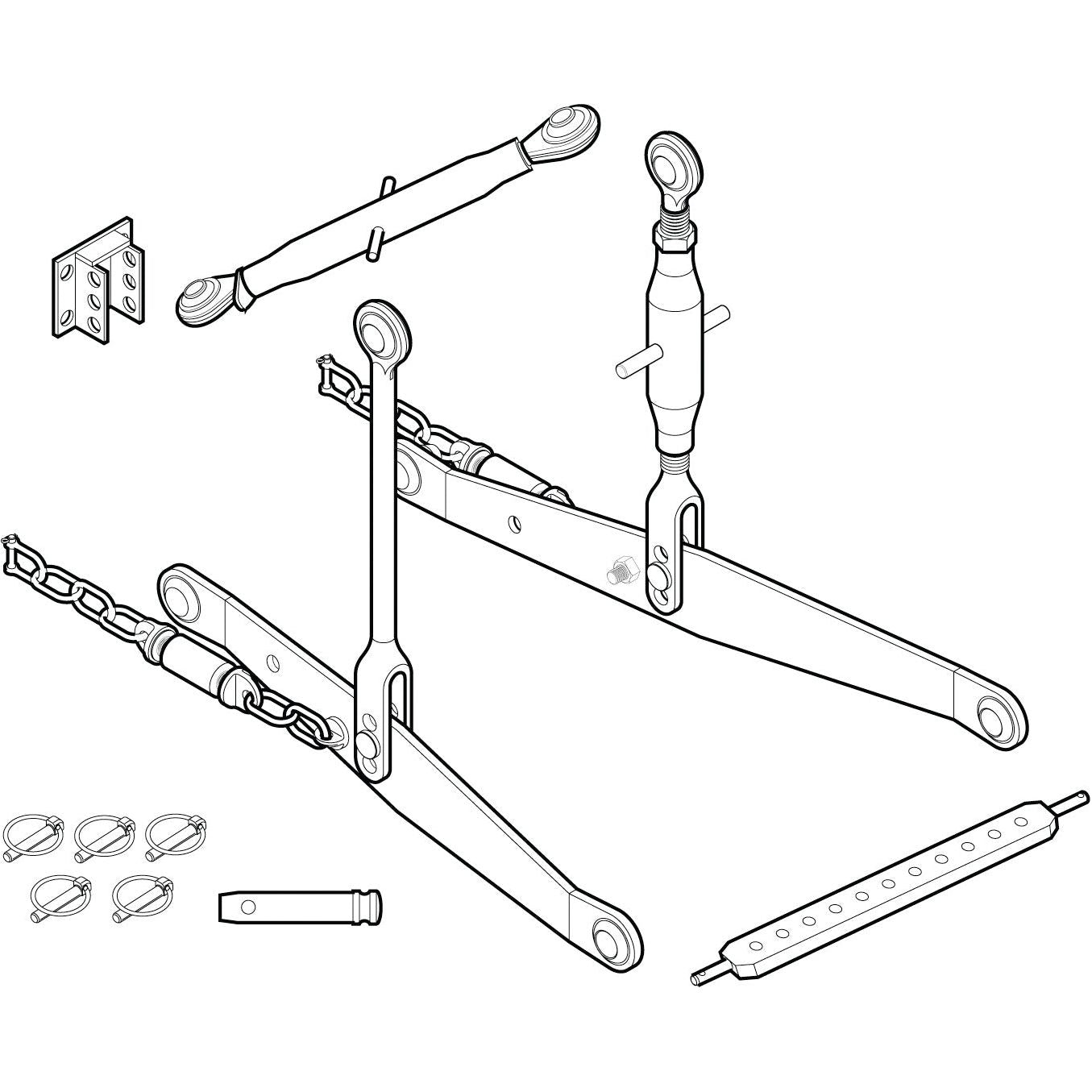 Line drawing of a YANMAR three-point hitch assembly for agricultural machinery, featuring various components like lift arms, top link, stabilizers, and mounting brackets in the LINKAGE KIT-3 POINT-YANMAR | Sparex Part No.S.70571 by Sparex.