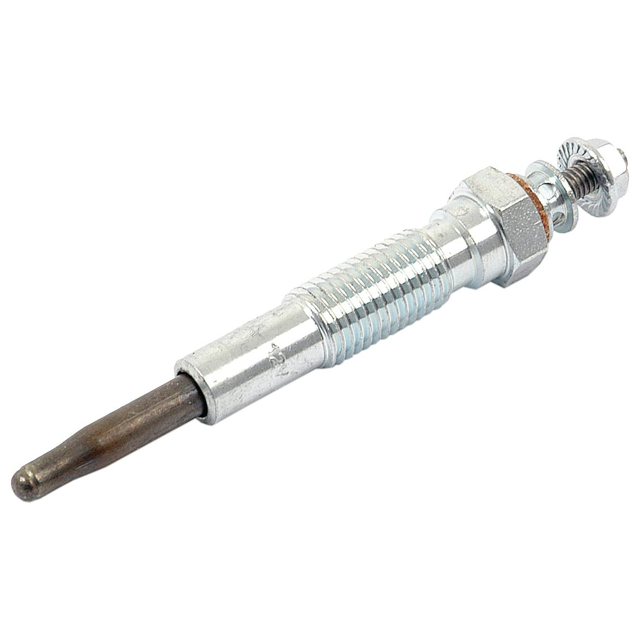 The Sparex Glow Plug - S.70577 is a metal automotive component featuring a hex nut and threaded body with precise thread size, displayed on a white background. Designed for various models, this product ensures optimal performance.