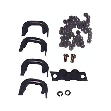 A set of auto parts featuring four U-shaped brackets, a metal connector, bolts, washers, and a collection of International Harvester Sparex Steering Ball & Tube Kit (Sparex Part No.S.70582) on a white background.