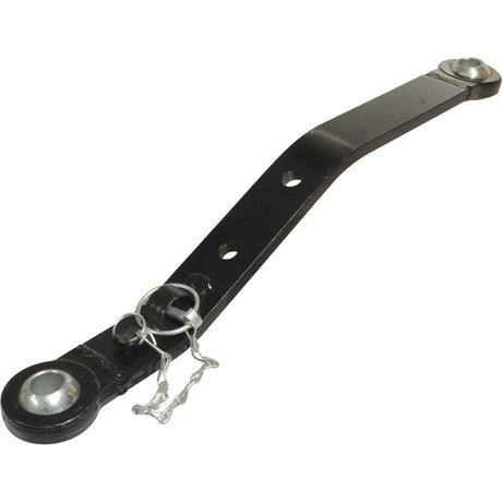 A Lower Link Lift Arm in black metal with a ball diameter of 22mm at both ends (RH & LH), featuring two holes (Ø 14mm & 16mm) and a locking pin secured by a metal clip, from the Sparex brand. Sparex Part No.S.70634.