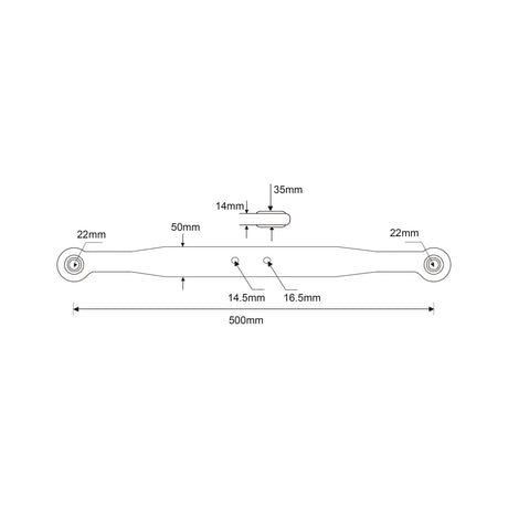 Engineering diagram of the Lower Link Lift Arm - Ball Ø 22mm - Ball Ø 22mm - RH & LH | Sparex Part No.S.70634, with dimensions labeled. The length is 500mm, ends fitted with Ball Ø 22mm from Sparex Brand, and various other widths marked at different points. Additionally, Hole Ø 14 & 16mm measurements are indicated for precise engineering requirements.