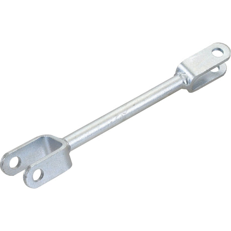 The Levelling Box Assembly from Sparex (Part No. S.70635) features two forked ends, each with a 15mm diameter fork hole for mounting. The bracket includes a cylindrical central section that connects the ends, with a minimum length of 300mm.