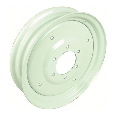 The Sparex Wheel Rim, S.70654, measuring 3 x 15 inches, features a pale green finish with a large central hole and several smaller holes arranged in a circular pattern to accommodate specific bore diameters.