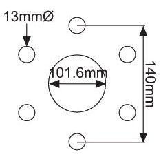 Technical drawing illustrating the bolt pattern for a Wheel Rim (Sparex S.70654) with four holes arranged in a rectangular configuration. The center circle bore diameter measures 101.6mm, each hole has a diameter of 13mm, and the distance between hole centers is 140mm.