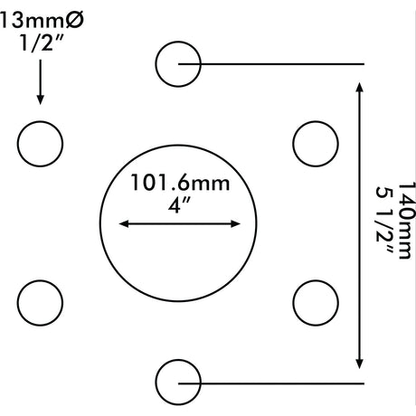 Technical diagram illustrating a set of six holes arranged in a pattern, featuring a central 101.6mm (4") circle and five surrounding 13mm (1/2") circles within a 140mm (5 1/2") square area, commonly used to determine the size and bore diameter of the Sparex Wheel Rim, product name: S.70654, with a rim size of 3 x 15''.