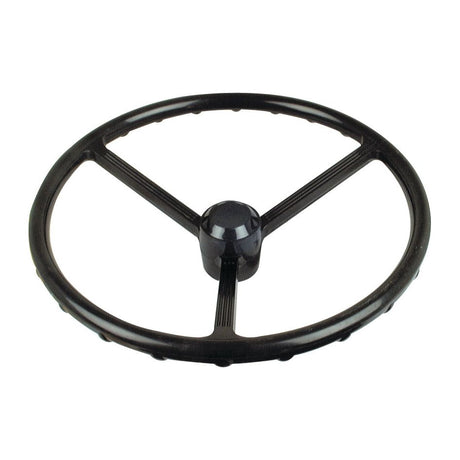 A black plastic Sparex Steering Wheel 375mm with three keyway spokes and a central hub, ideal for various Kubota models (Sparex Part No. S.70691).