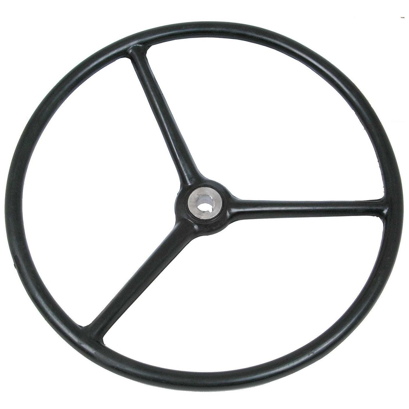 The Sparex Steering Wheel, Keyway (Part No.S.70744) features a black three-spoke design with a metal center and tapered spokes, reminiscent of classic International Harvester models.