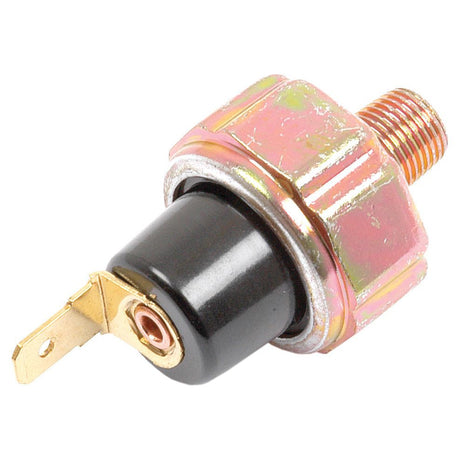 Close-up of the Sparex Oil Pressure Switch (Part No. S.70752) featuring a brass and black design with a threaded connector and metal terminal, ideal for automotive or mechanical applications, and compatible with Ford / New Holland models.