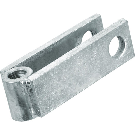 The Lift Arm Clevis Bracket, known under Sparex Part No. S.70764, is a metallic clevis featuring two circular holes and a threaded section, ideal for secure attachments in mechanical systems. The Sparex design ensures precise alignment and durability.