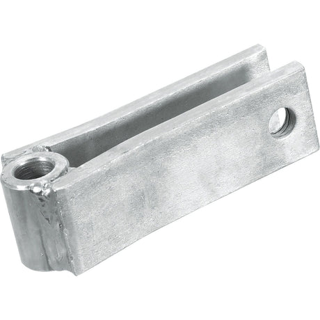 Close-up image of a 135mm silver Lift Arm Clevis Bracket with holes on both ends and a rectangular shape, resembling a tapered fork from Sparex (Part No. S.70765).