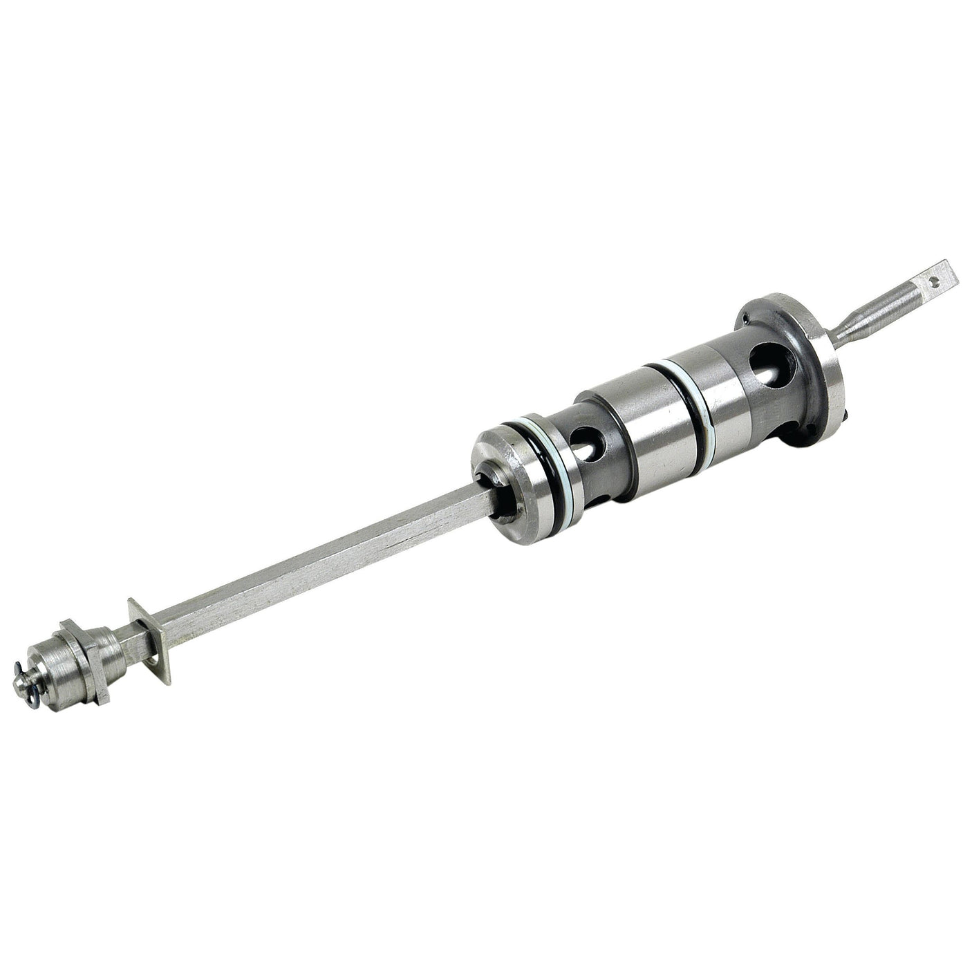 A Hydraulic Control Valve (Sparex Part No.S.708) by Sparex, designed with multiple cylindrical sections and a central rod, featuring various cutouts and attachments at both ends for use in Massey Ferguson tractors.