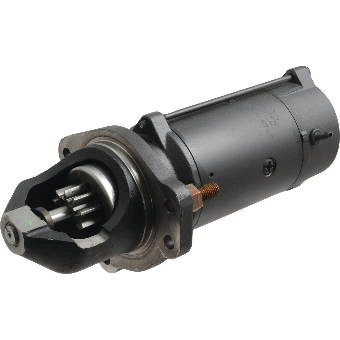 A black and silver Sparex starter motor, model S.70904, operating at 12V with a 4.2Kw output, featuring visible gears and bolts in a gear-reducted design for internal combustion engines.