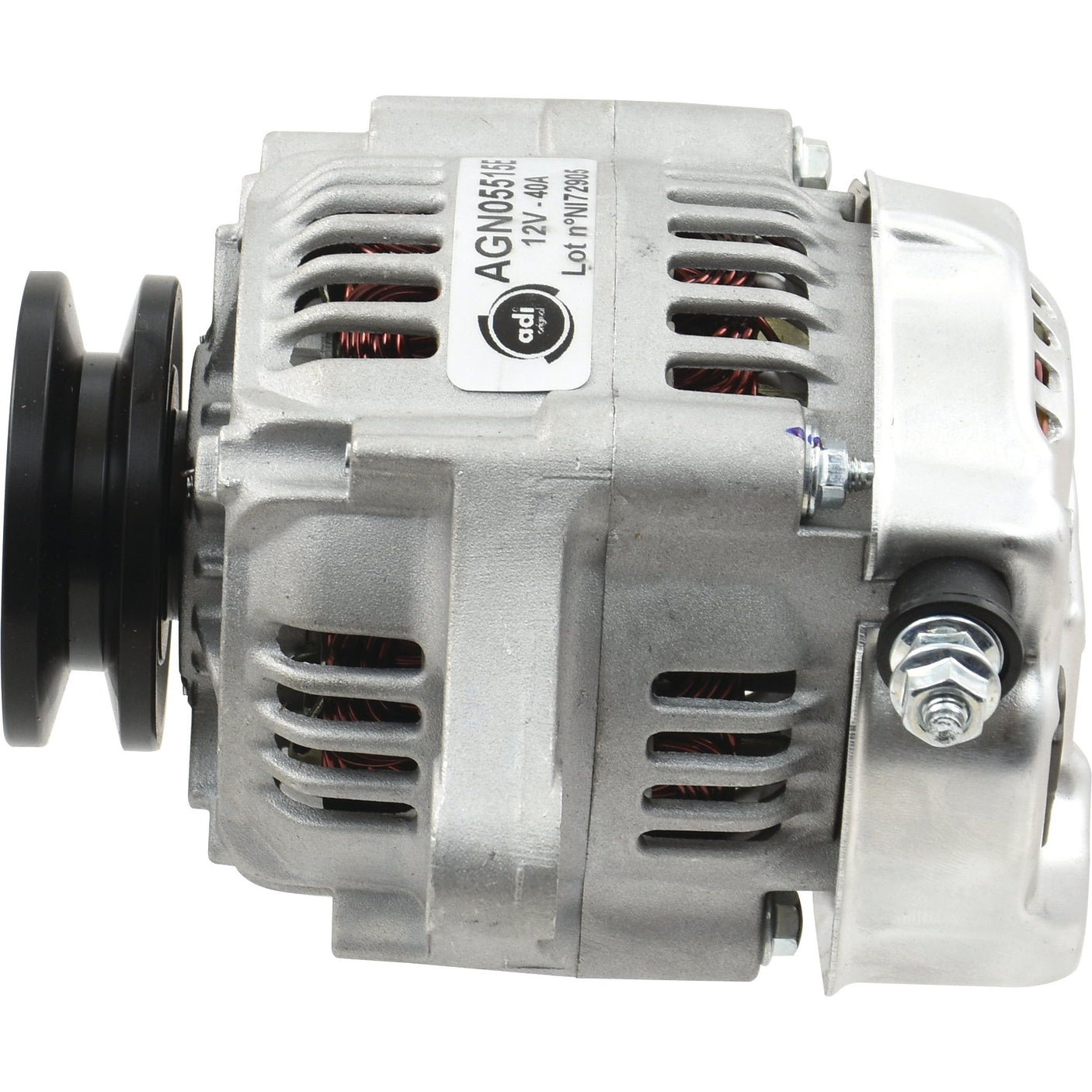 A Sparex car alternator, featuring a silver metallic body and a black single groove pulley, displaying the model number and specifications on its label. The alternator operates at 12V and delivers 40 amps, identified as Sparex Part No. S.70910.