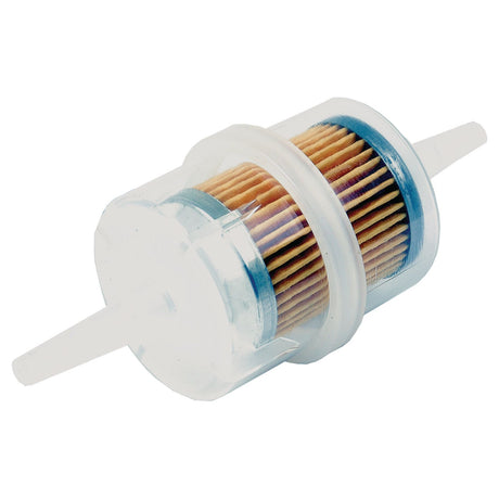 A compact, cylindrical Fuel Filter - In Line (Sparex Part No. S.70950) by Sparex, featuring a transparent body with a yellow filter element inside and 6mm & 8mm fittings; compatible with John Deere equipment.