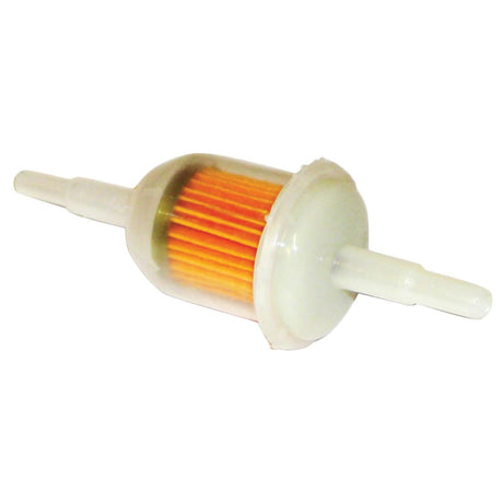 A compact, cylindrical Sparex Fuel Filter - In Line (Part No. S.70953) features a translucent casing that reveals an internal yellow and orange filter element, along with white inlet and outlet ports on either end. Perfect for use in petrol engines, this Sparex part ensures clean fuel flow through your fuel hose.