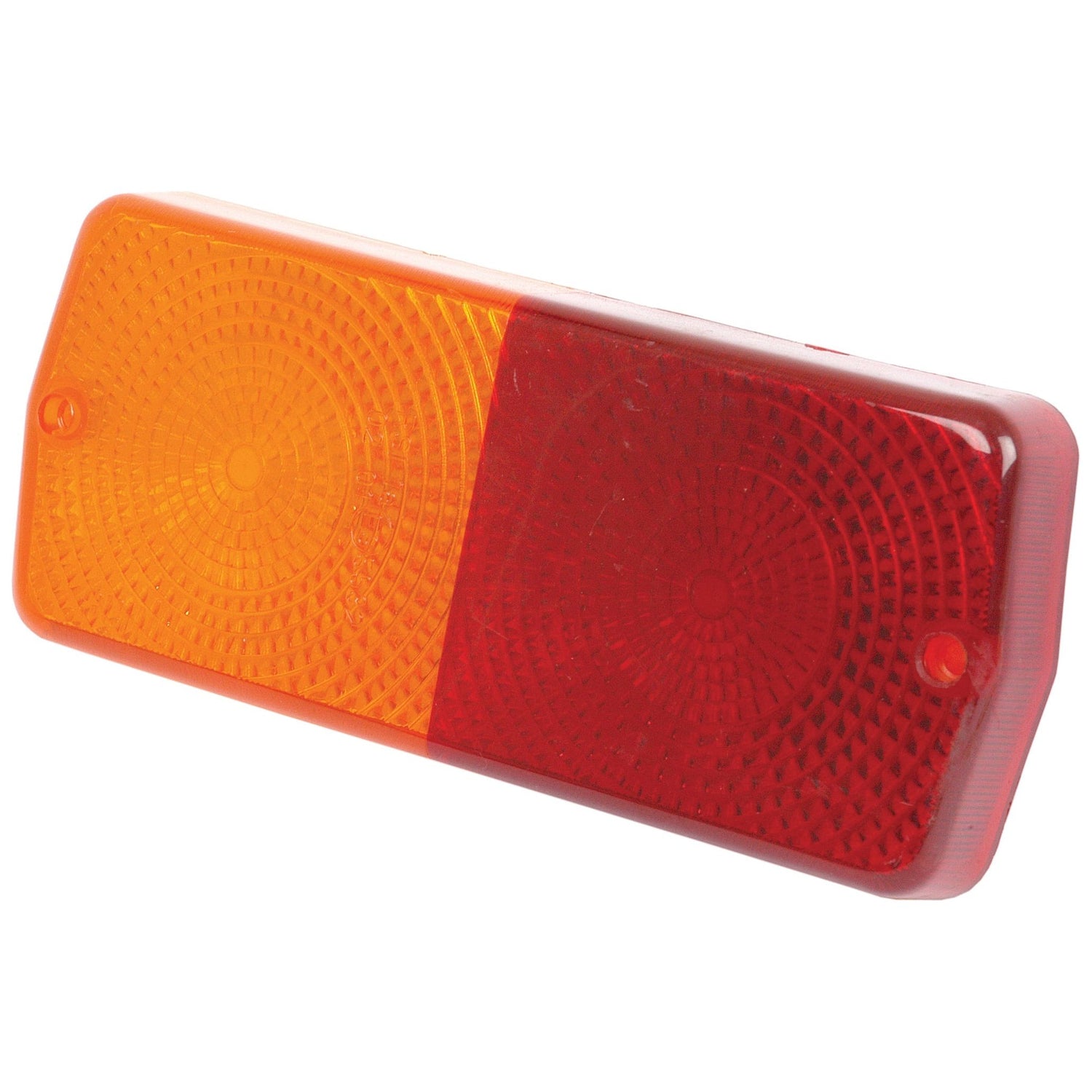 Introducing the Sparex Replacement Lens: designed to fit models S.70128 & S.71029 - S.71035, this durable polycarbonate rear light lens features two distinct segments—a left amber half and a right red half—and is E Approved for safety and reliability.