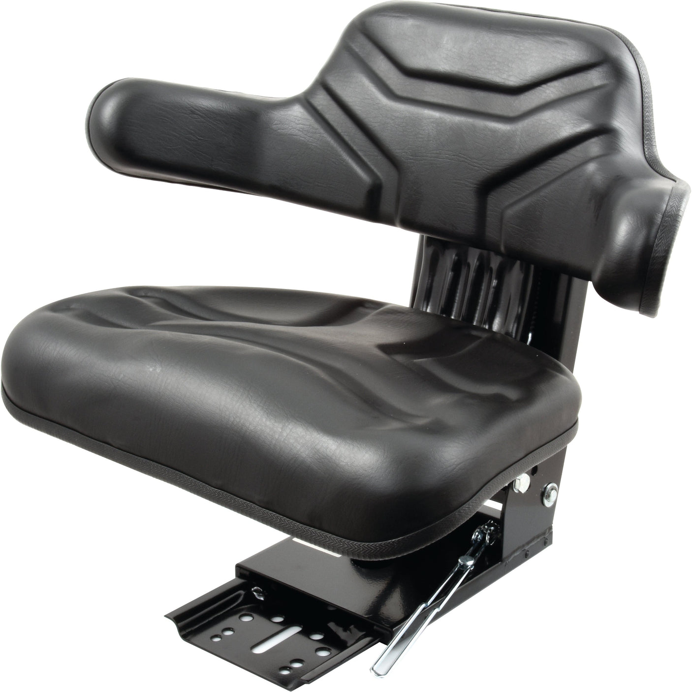 The Sparex Seat Assembly | Sparex Part No. S.71050 is a black vinyl tractor seat with a high backrest and armrests, featuring mounting hardware, an adjustable lever underneath, and mechanical adjustable suspension for optimal comfort.