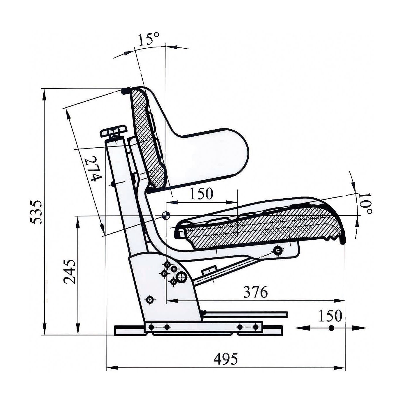 Technical diagram of the Sparex Seat Assembly (Sparex Part No. S.71050) in black vinyl material, with measurements in millimeters, illustrating angles and distances for various parts, including the backrest, seat base, and support structure.