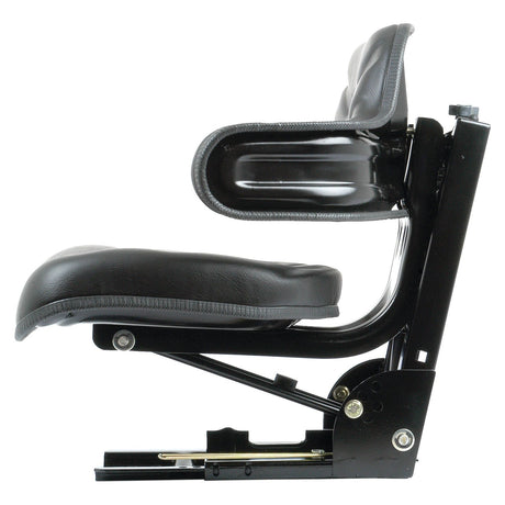 Side view of the Sparex Seat Assembly (Sparex Part No. S.71050) in black vinyl material, featuring padded armrests and mounted on a metal bracket.