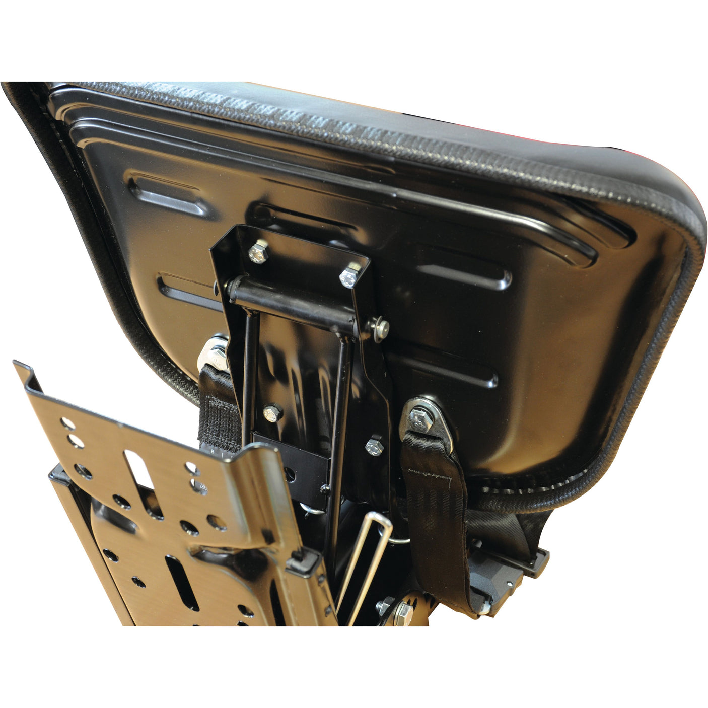 Close-up view of the underside of a Sparex Seat Assembly (Sparex Part No.S.71050) with exposed metal brackets and fastening hardware, wrapped in durable black vinyl material.